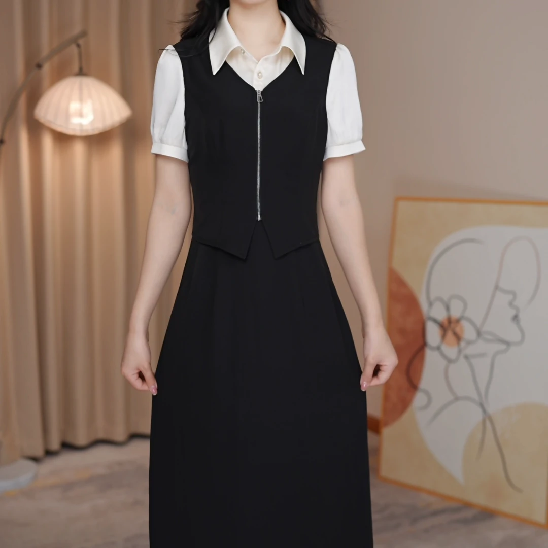 X连衣裙气质显瘦拼接假两件时尚洋气轻奢夏季短袖