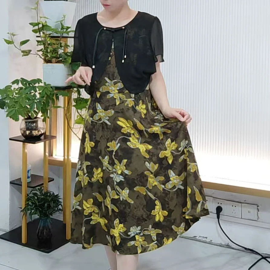 夏季时尚洋气假两件收腰连衣裙-裙长108