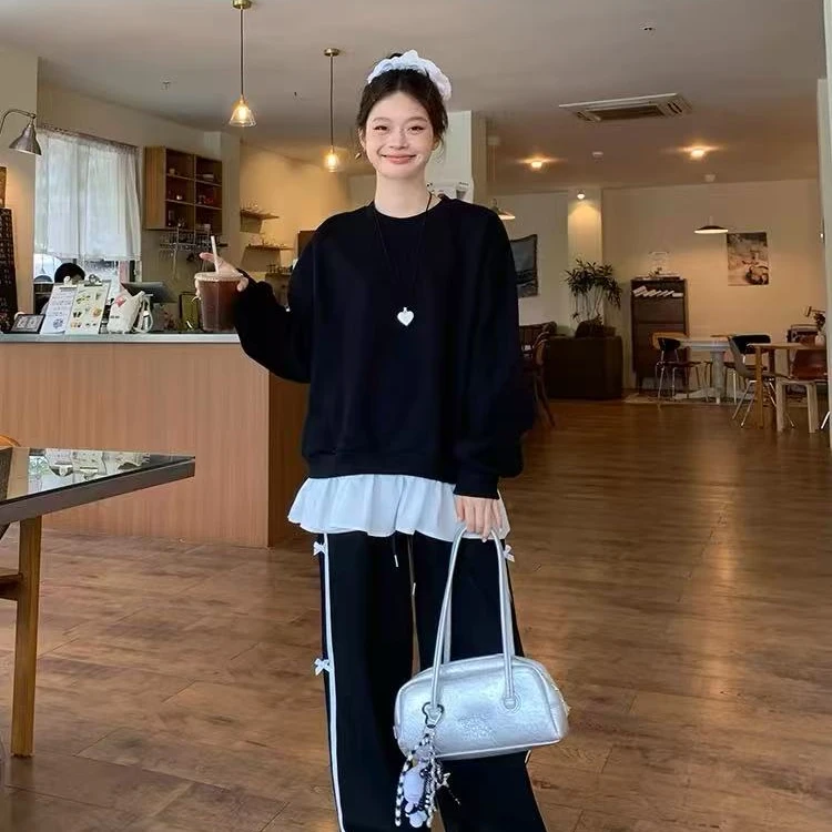 【宋正恩】蕾丝花边韩黑色阔腿休闲裤女秋冬高腰垂感运动宽松长裤子