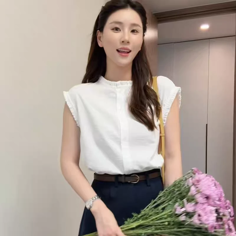 小众衬衣单排多扣女木耳纯色短袖夏季衬衫时尚女装苗族风格设计感