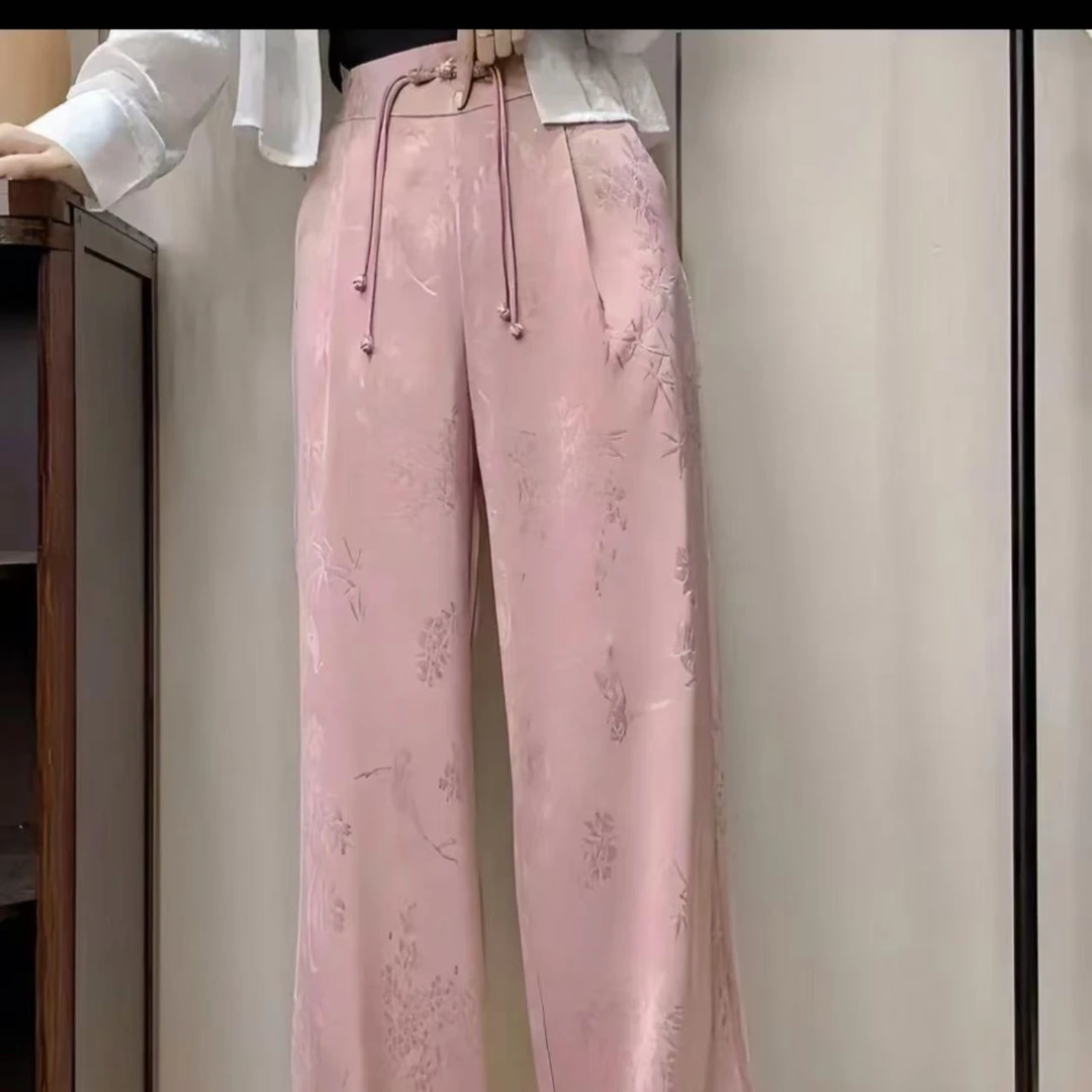 【意墨~裤子823】新中式提花高腰直筒阔腿裤女国风垂感显瘦休闲裤
