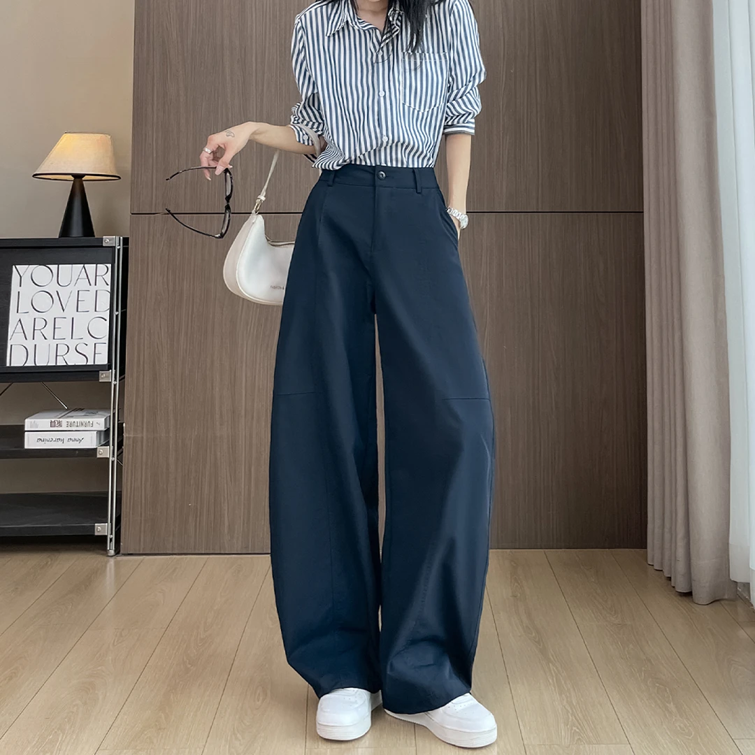 深蓝色弯刀阔腿裤女春秋2025新款高腰垂感显瘦休闲直筒镰刀香蕉裤