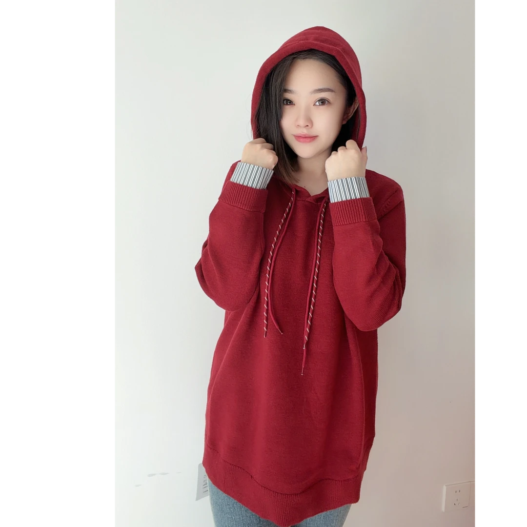 宽松型连帽大码毛针织衫女大码常规款套头款拼接时尚减龄NL23113