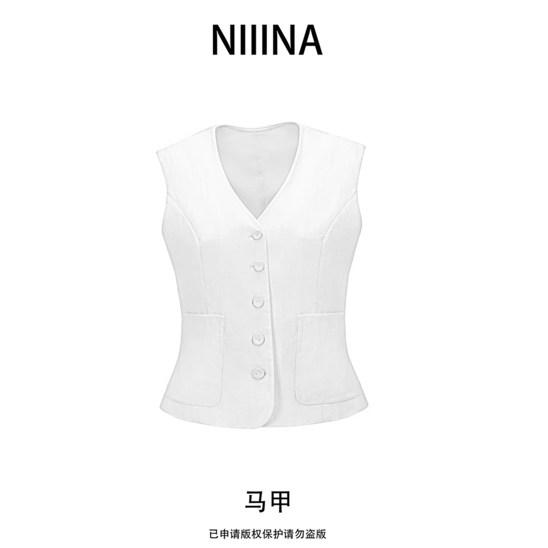 NIIINA 亚麻V领单排扣马甲7056H