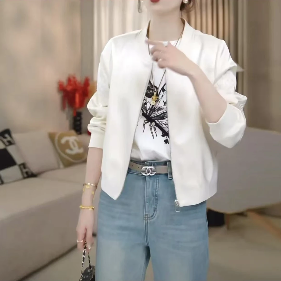 【2025新款】休闲刺绣微光缎面棒球服外套是春秋必备的时尚外搭上衣