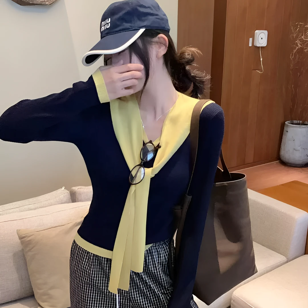 时尚修身型常规长袖拼色常规款女毛衣百搭针织假两件加披肩#752