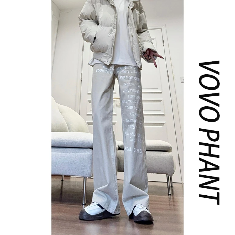 VOVO美式复古字母印花牛仔裤男士秋冬cleanfit直筒裤修身微喇裤