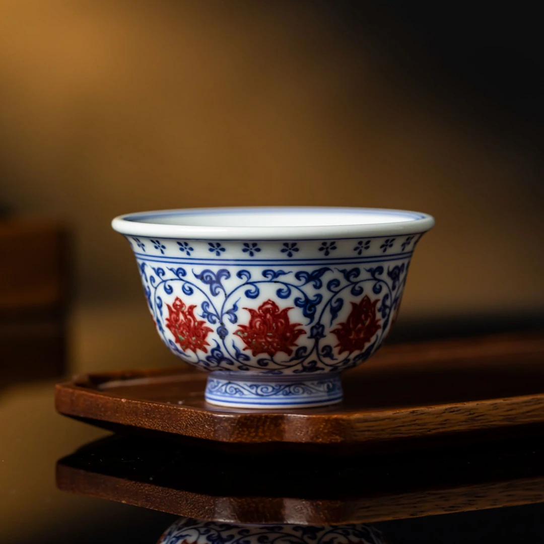 〖瑶瑶甄选〗刘建锋窑釉里红缠枝莲内绘狮心大压手杯手绘景德镇茶器