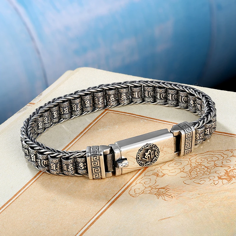 925银手链 9毫米六字真言路路通925银手链女款男潮人时尚情侣手链