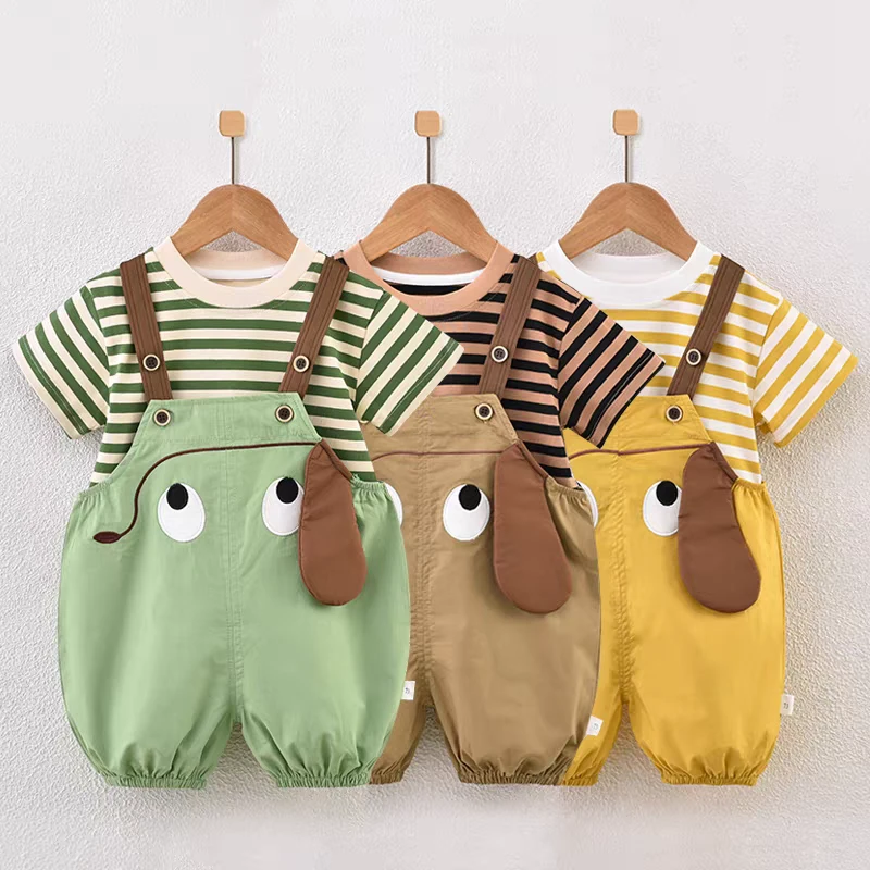 横条小狗背带短袖套装儿童女童婴儿男童洋气夏季连体条纹