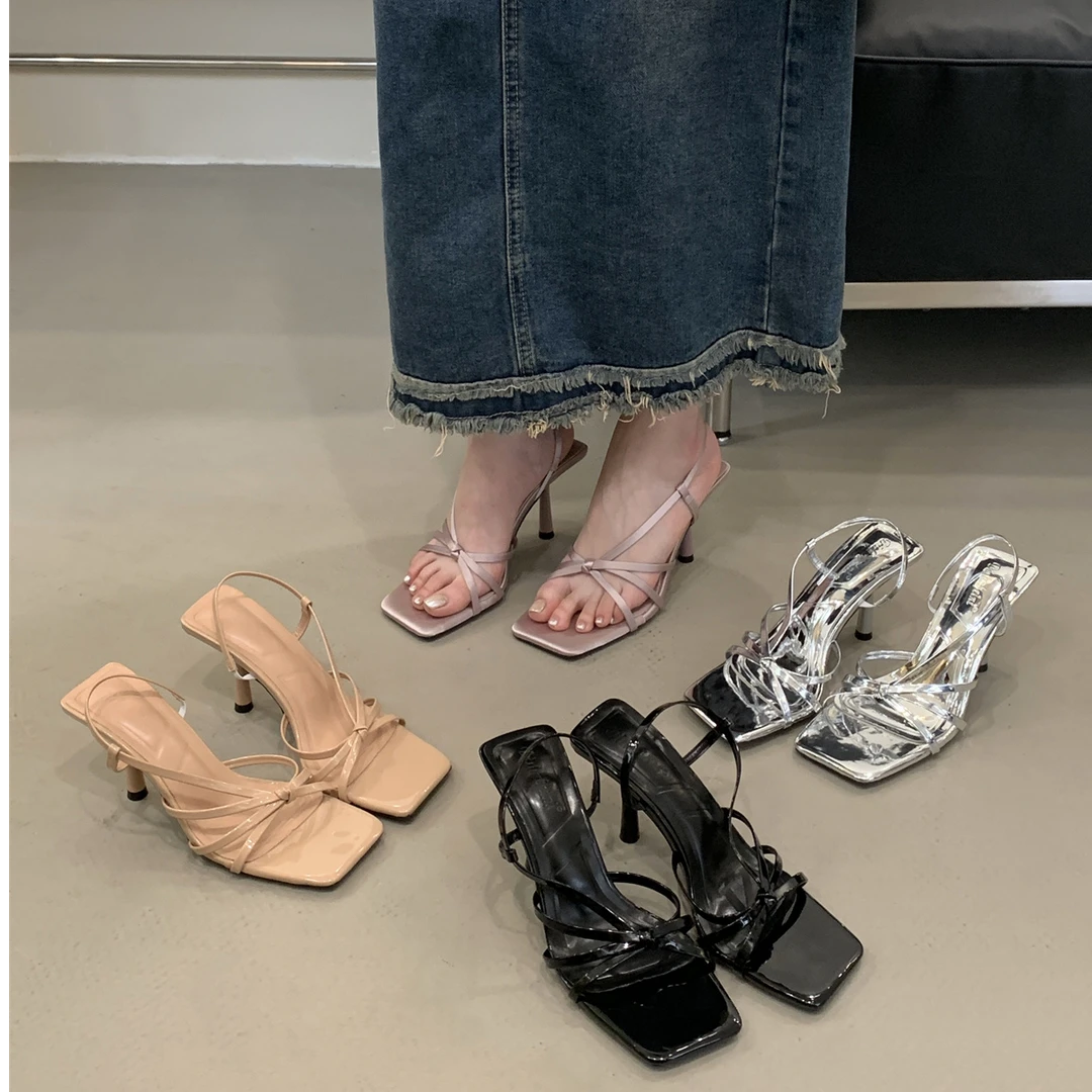 2025夏季百搭法式仙女风方头细跟露趾凉鞋女夏季新款晚风细带设计