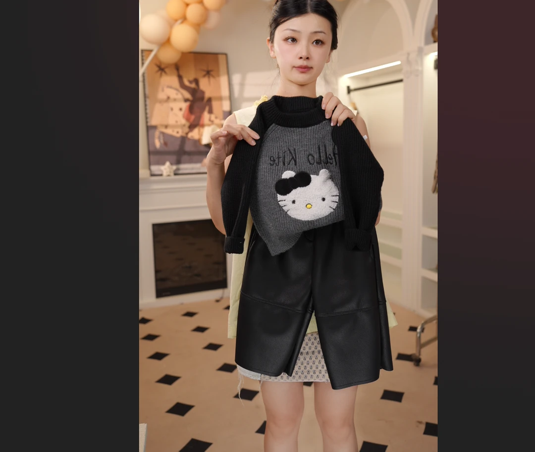 女童拼色卡通KT字母针织黑色毛衣儿童2024秋冬新款女宝可爱毛衣