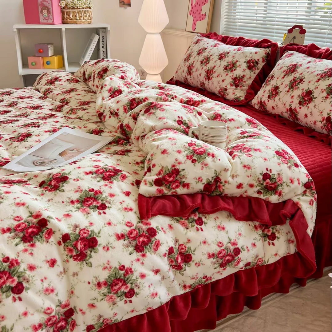 爆款复古冬季床品套件梨花落牛奶绒四件套奶绒床盖床上用品加绒