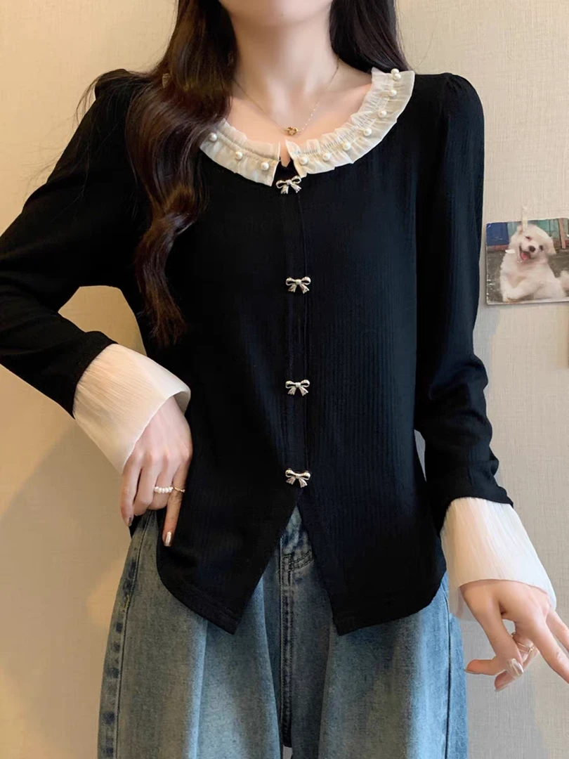 法式掐腰喇叭袖上衣高级感蝴蝶结显瘦大码针织衫