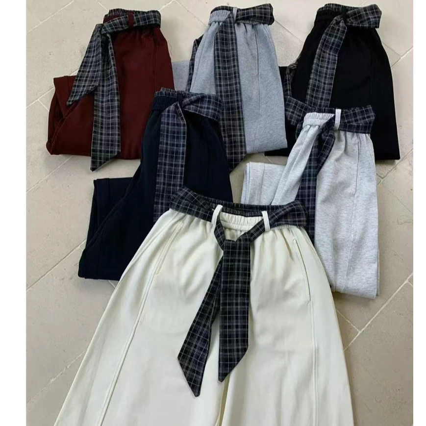 秋季设计感拼接格子腰带弯刀裤女宽松显瘦慵懒阔腿裤休闲运动卫裤