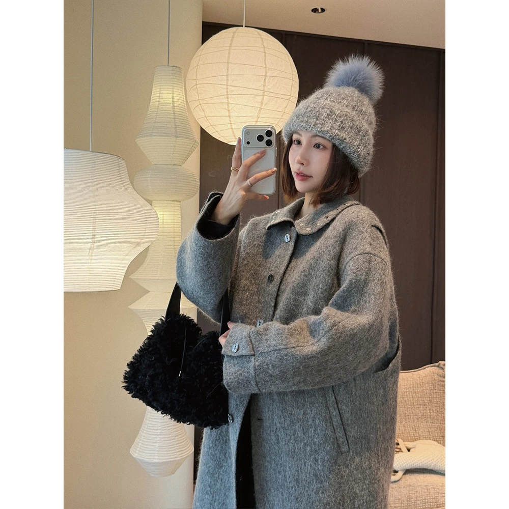 【唐悠悠】3米900g重磅苏力！羊毛珠钉娃娃领廓形双面呢大衣长款外套