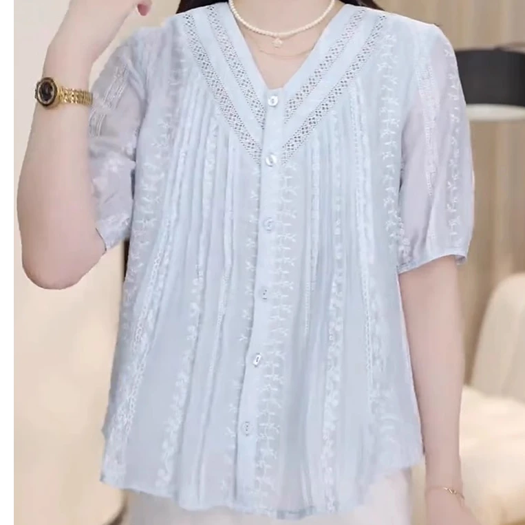 蓝色V领减龄薄款衬衫女短袖2025夏季新款洋气宽松显瘦设计感上衣