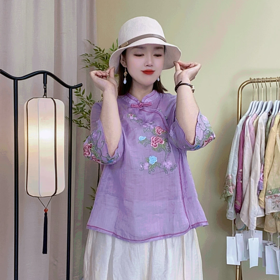 晓妍原创》国风纯苎麻小衫立领刺绣重工夏季中式上衣茶服