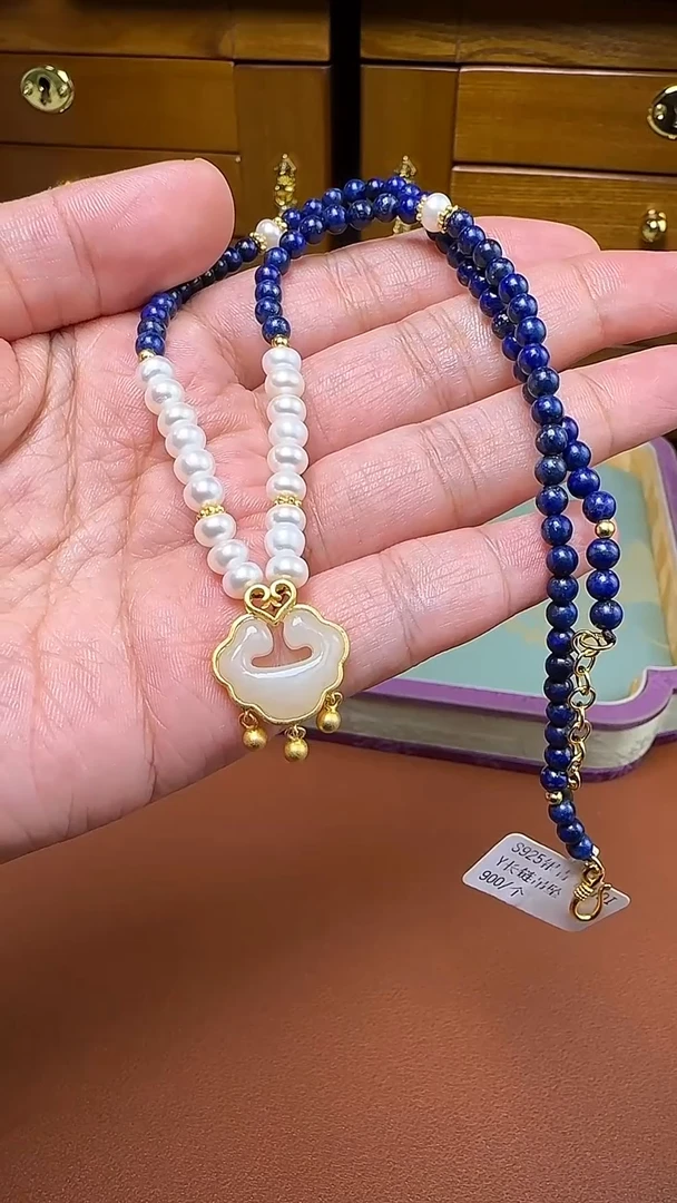 银S925镶嵌青金石颈饰S925银青金石DIY长链吊坠