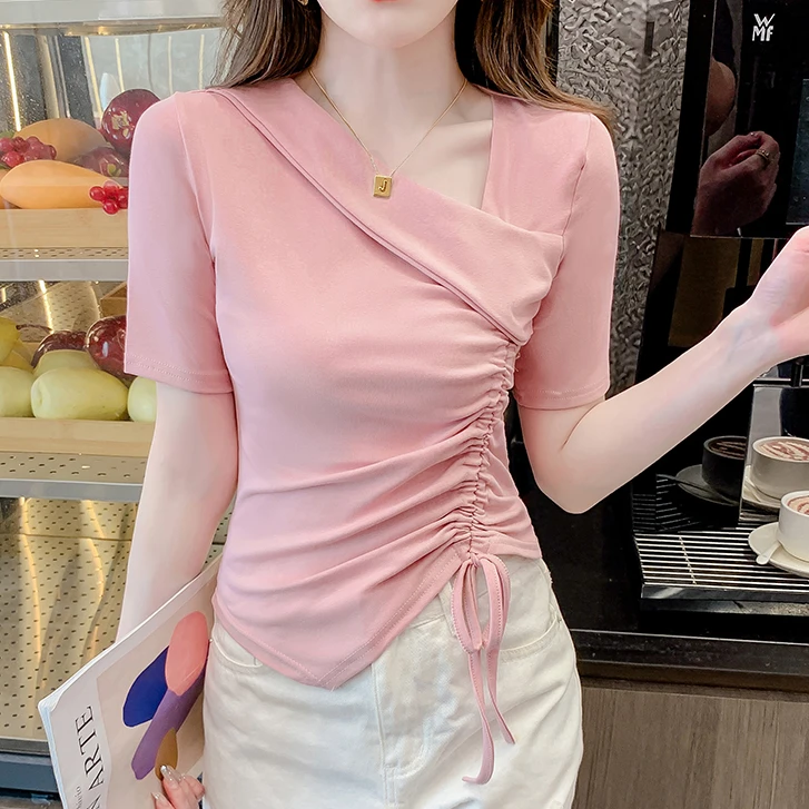 不规则设计感斜领短袖T恤女别致夏装2025年新款气质收腰显瘦上衣