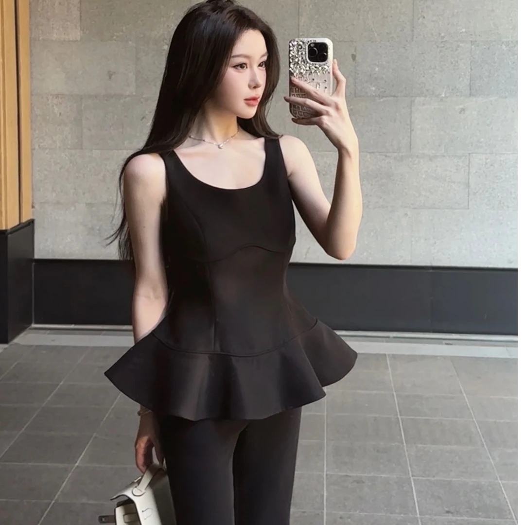 修身荷叶边遮肚背心无袖上衣微喇套装轻奢优雅气质设计感女神范