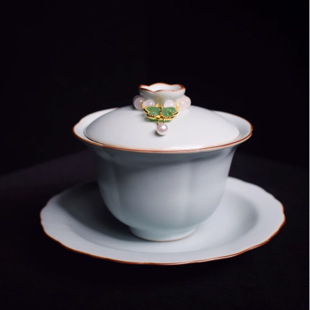 蓝汝花形三才盖碗简约复古中式功夫茶具【二级品，完美主义勿拍】