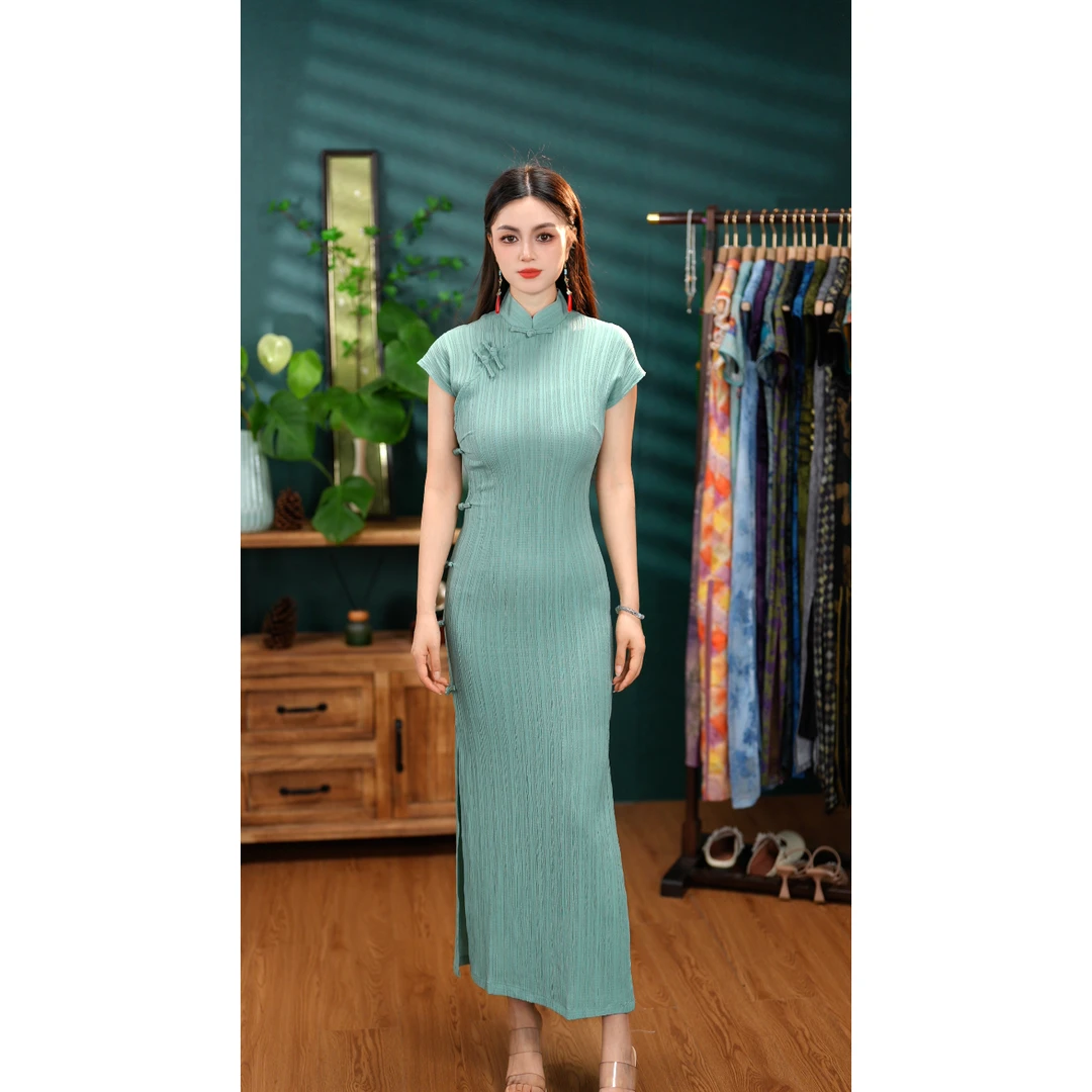 【122裙长】夏季新款日常泡泡纱年轻版弹力修身优雅女士旗袍裙