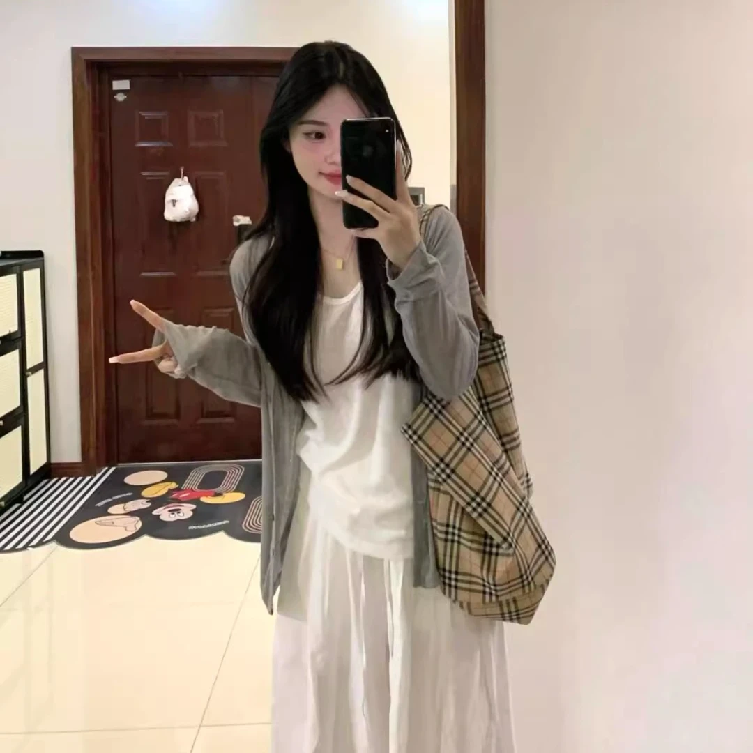 灰色开衫针织外套女春夏季宽松薄款外搭披肩罩衫冰丝防晒上衣