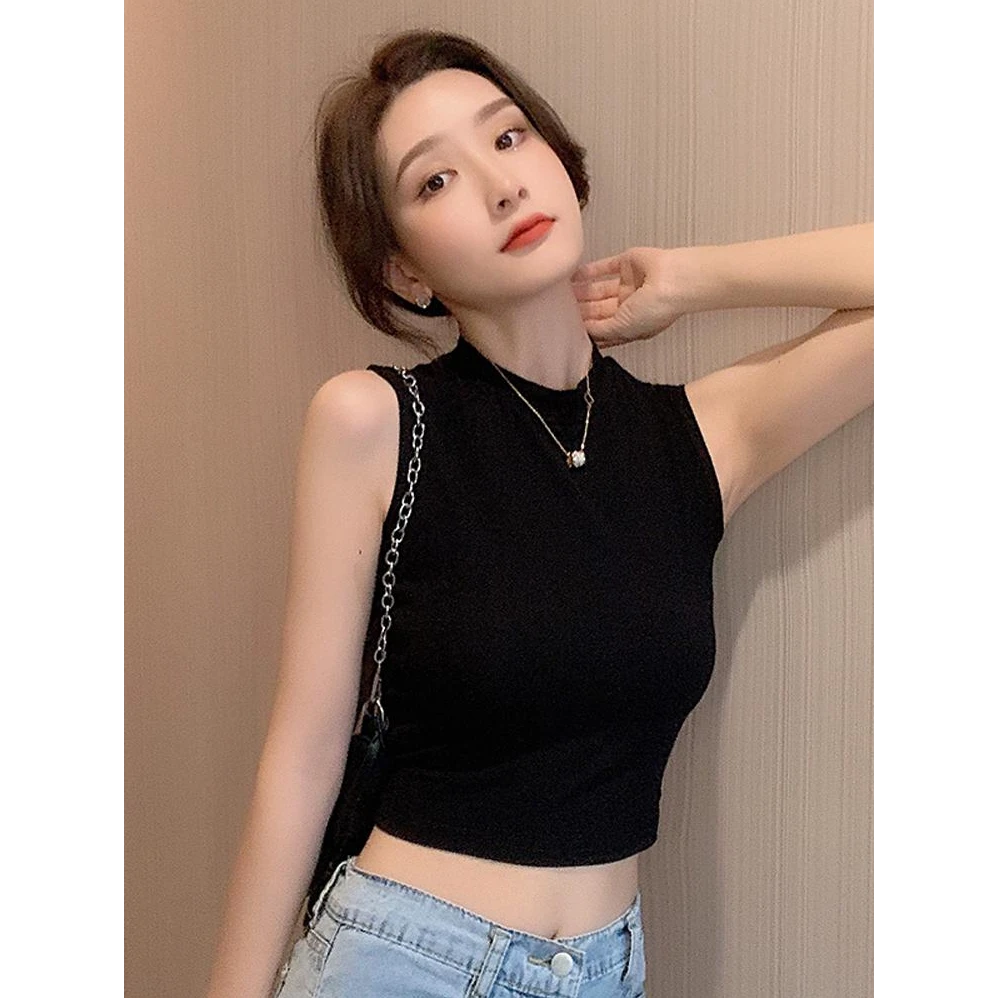黑色半高领纯棉露脐背心女夏季内搭2025新款修身无袖外穿打底上衣