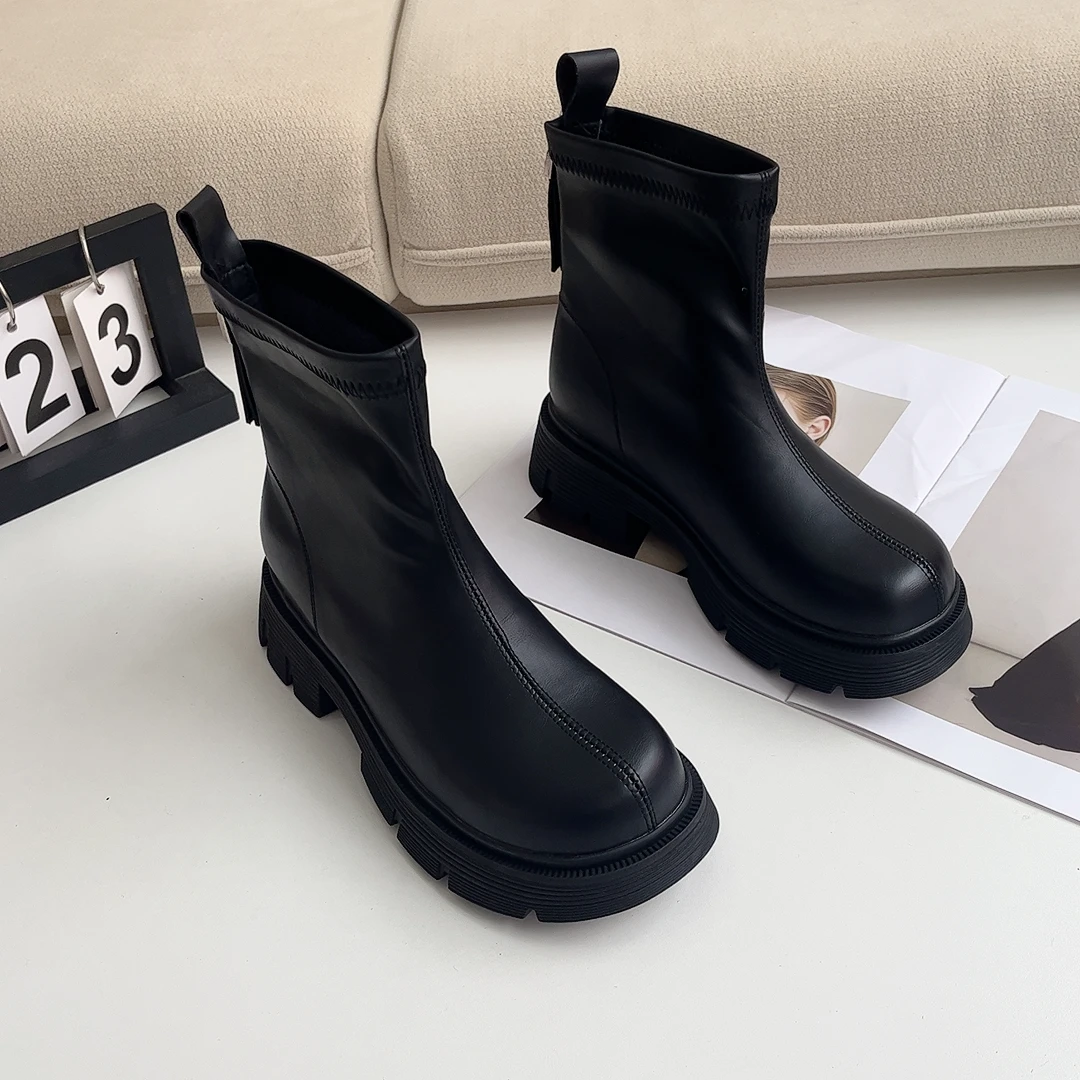 英伦风冬季女马丁靴黑色粗跟靴子春秋厚底2025瘦瘦靴厚底小个子