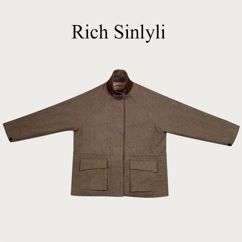 Rich Sinlyli奢牌风羊毛纱线中长款毛呢外套女2025新款翻领外套