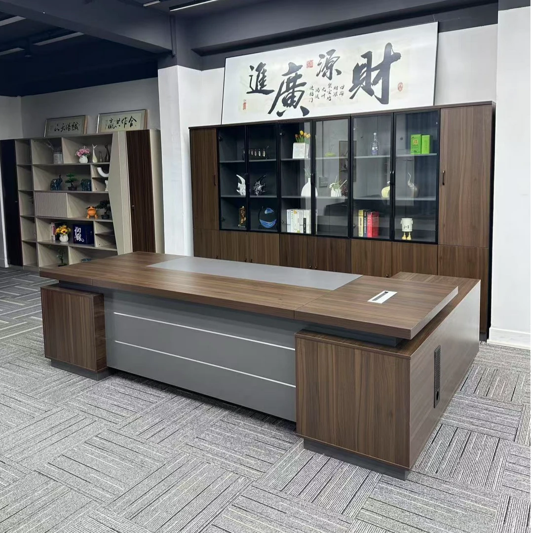 8614#（玻璃柜）胡桃色老板办公简约现代大班台办公室桌椅组合柜