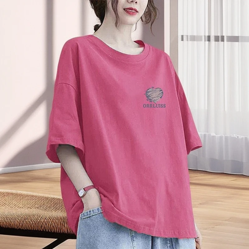 100%纯棉大码T恤衫女夏季新款印花百搭圆领减龄宽松显瘦短袖上衣