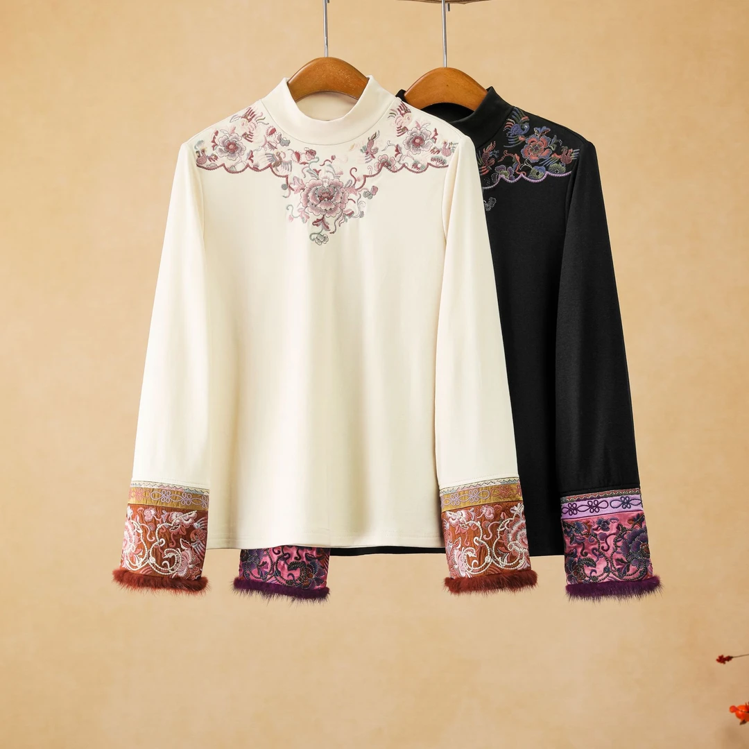 千椿物喜天丝棉刺绣高领毛边长袖百搭打底针织衫255112