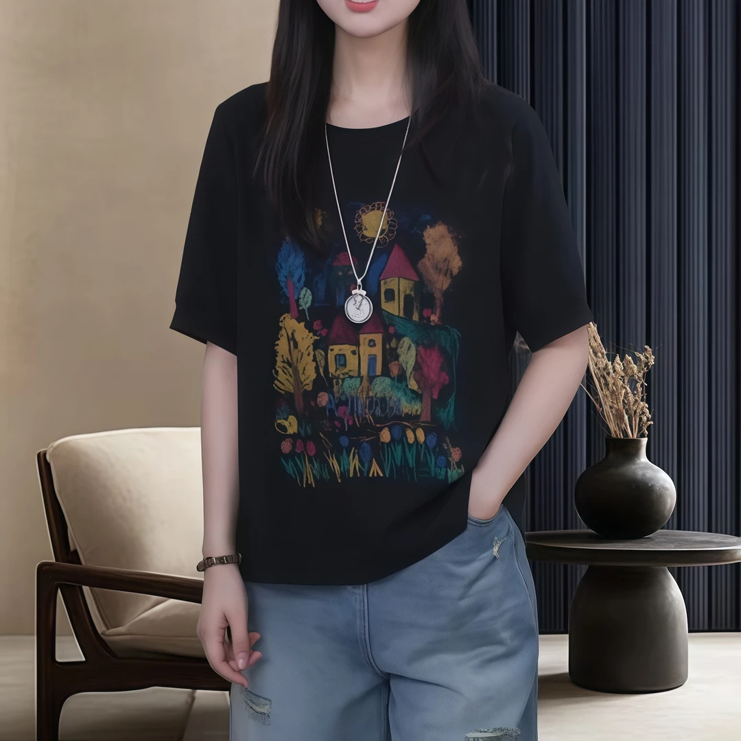 夏季潮流时尚设计感涂鸦印花短袖T恤女款爆款2025新款休闲穿搭