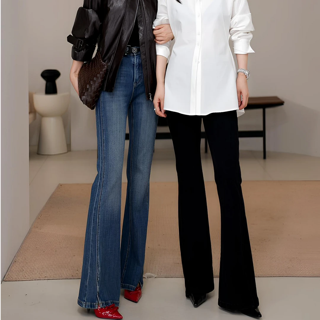 LYNEE 【超模裤】复古喇叭女磨白做旧立体剪裁显瘦牛仔裤LGD2FAN004