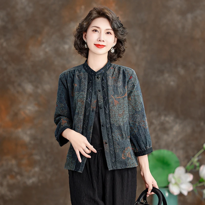 40姆米香云纱上衣女2024新款立领新中式复古桑蚕丝真丝衬衫短外套