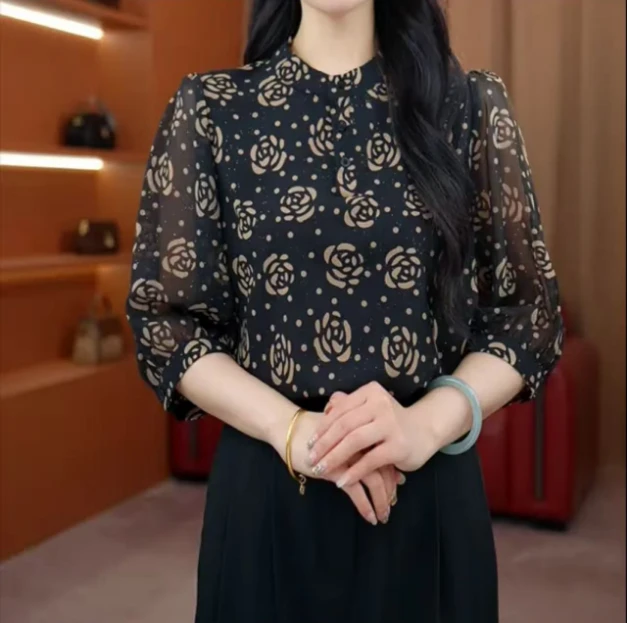 2025新款玫瑰绽放洋气玫瑰圆点衬衫减龄套头小衫衬衣