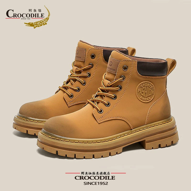 鳄鱼恤大黄靴男士2025新款春季英伦风登山工装高帮皮面马丁靴男款