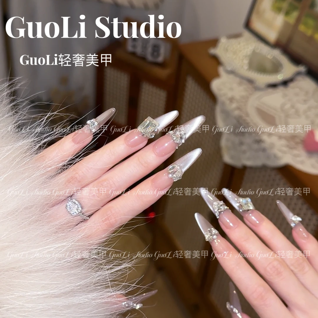 《冰裸》GuoLi纯手工穿戴甲春夏纯欲气质气质女神爆闪堆钻显白猫眼i