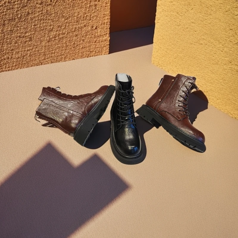 9001冬季新款真皮英伦风马丁靴女显瘦复古女靴厚底增高女士短靴女