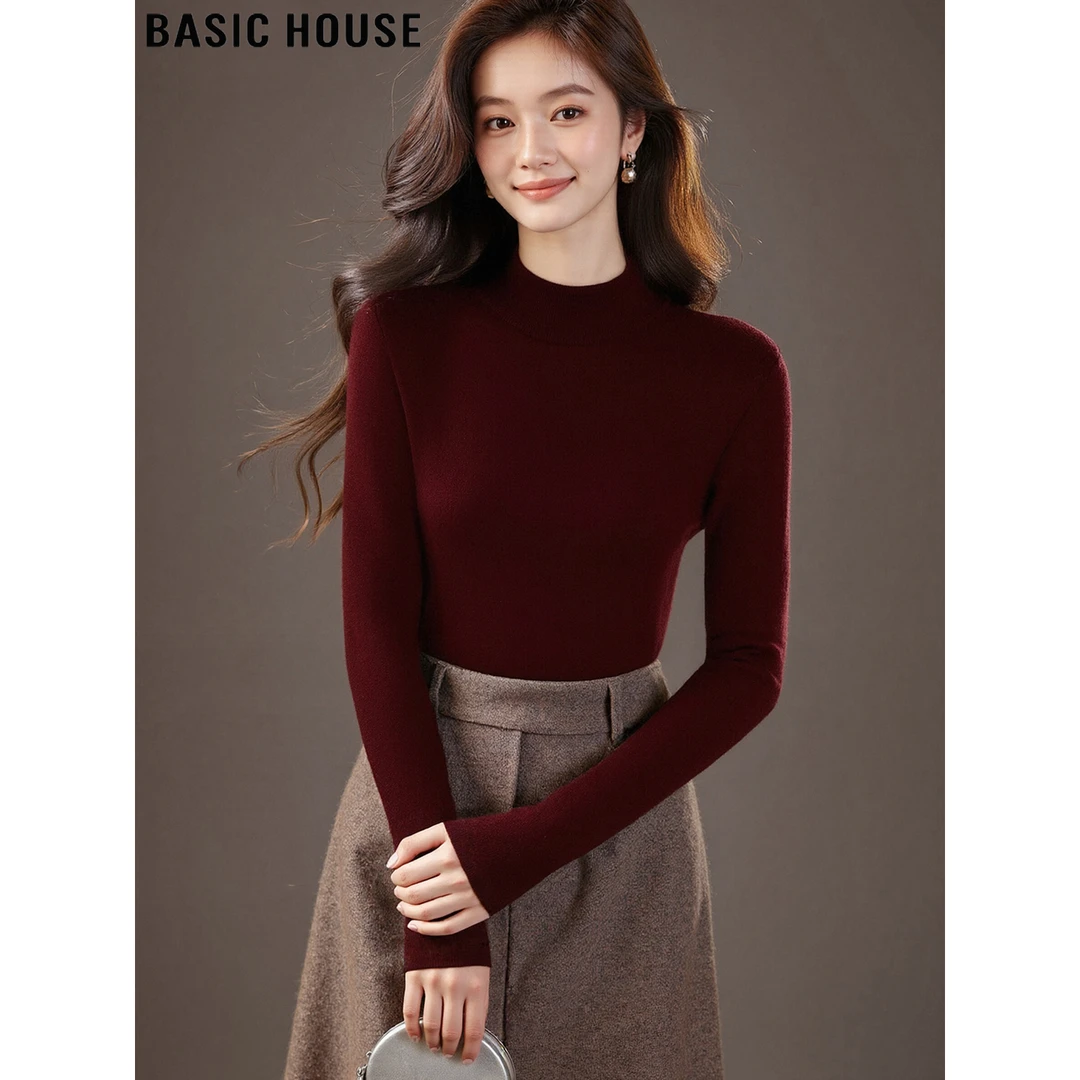 Basic House/百家好新年红半高领长袖针织衫女2025冬季打底衫毛衣