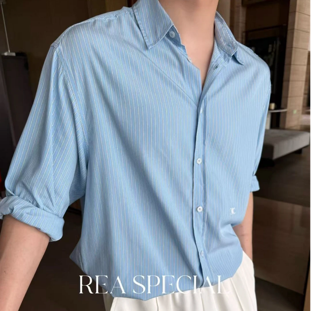 25夏【凯旋门蓝衬衫】100支 清新沙滩蓝色条纹衬衫男SW12246