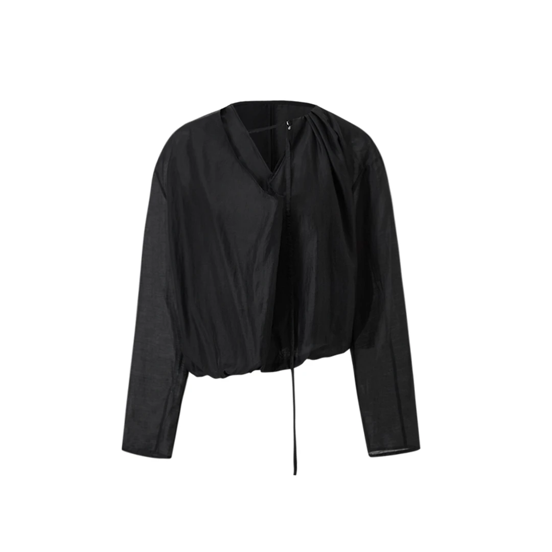 MSWUBTQE 双层荡领飘带设计感莱赛尔天丝长袖衬衣