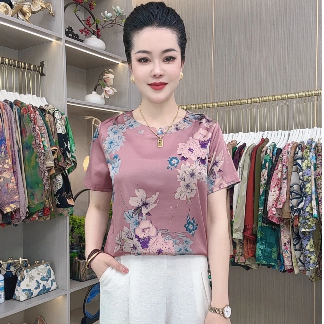 174【国色天香】早春新款夏季宽松短袖时尚休闲百搭气质妈妈装T恤