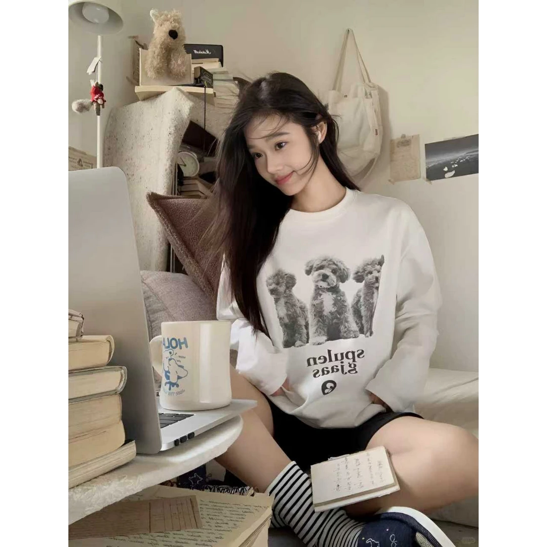 YWBY春秋季新款慵懒风长袖t恤女小个子舒适宽松时尚百搭气质衣服