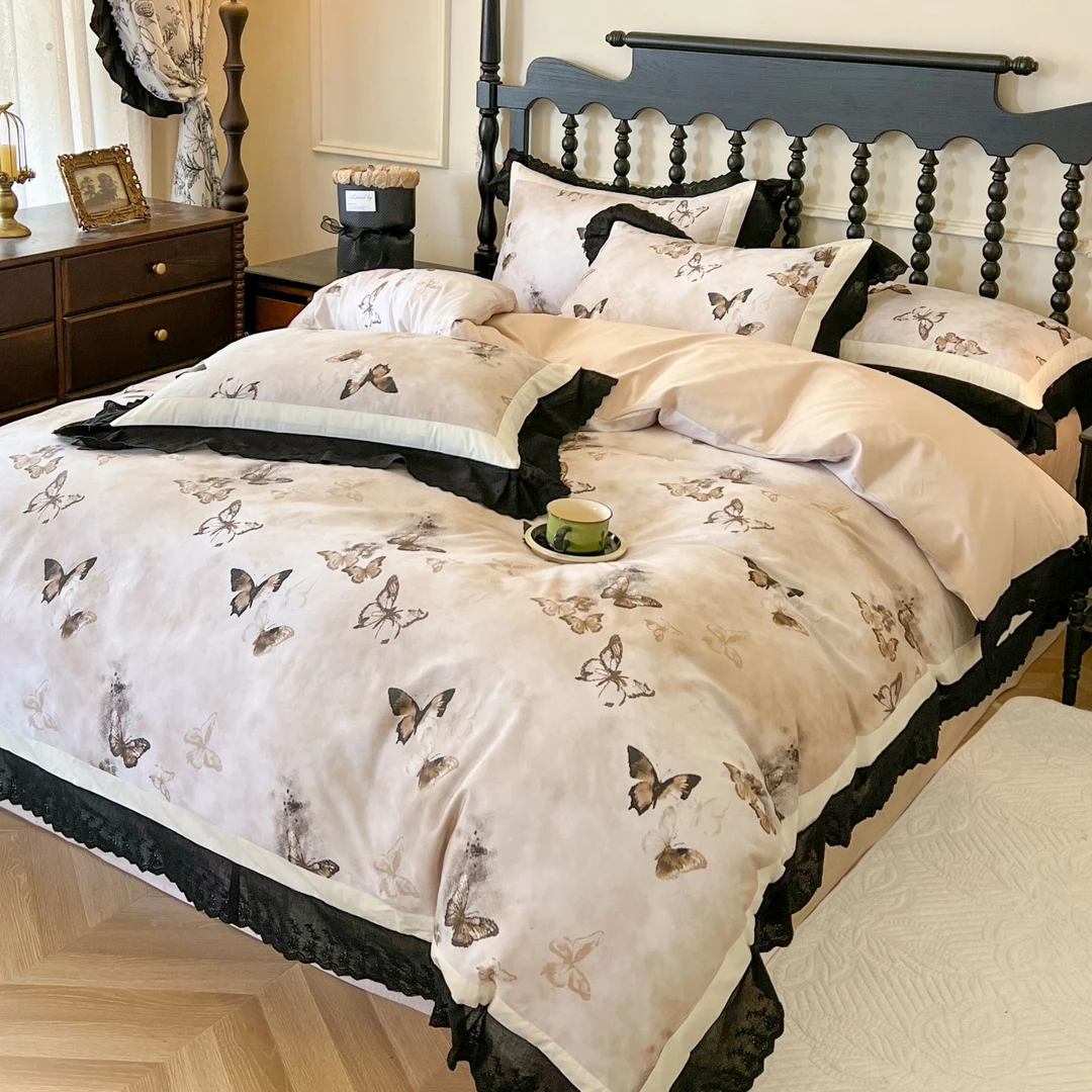 法式少女蝴蝶印花全棉床上四件套高级感纯棉蕾丝花边被套床单床笠