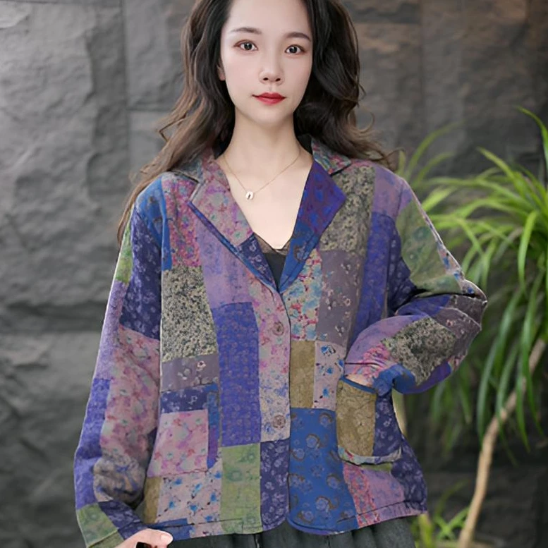 JJ长袖厚款宽松型秋季开襟女短外套套头显瘦提花女装印花复古