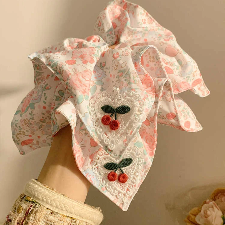 可爱粉色樱桃碎花方巾大肠发圈女头绳韩系大号扎头发2025新款发饰