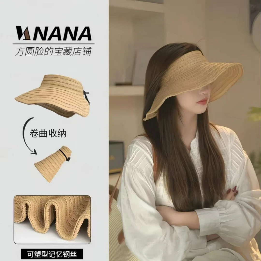 环绕式草编空顶帽子女夏季大檐防紫外线太阳帽海边出游沙滩遮阳帽